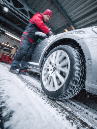 Worker installs snow tires on a vehicle in a busy garage as snow accumulates, highlighting winter maintenance tasks.の素材