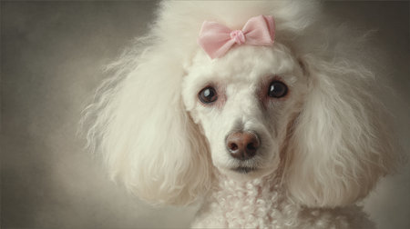 A fluffy poodle poses gracefully under soft studio light, wearing a pink bow against a muted backdrop, embodying elegance and charm.の素材