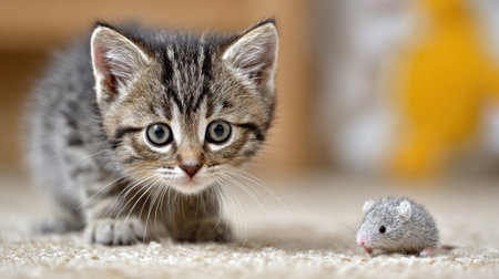 A young kitten with striking eyes is intensely focused on a small toy mouse, showing its playful hunting instincts in a warm home environment.の素材