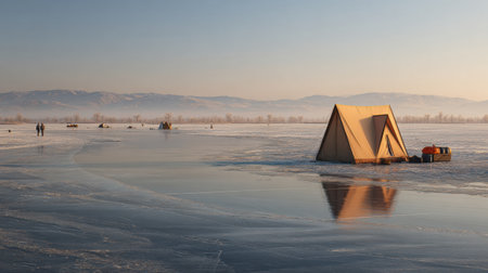 A serene ice fishing scene features small tents and fishing gear on a frozen lake, illuminated by soft morning light with distant mountains.の素材