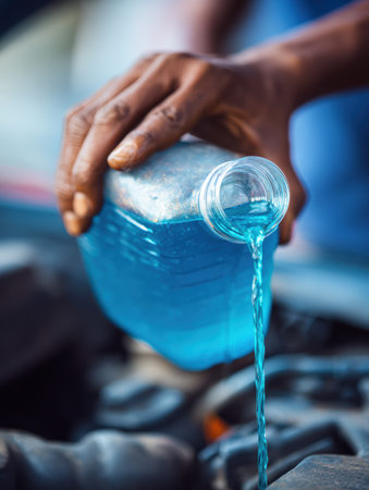 A woman is refilling antifreeze under the hood of a car with blue liquid while performing routine vehicle maintenance on a sunny day.の素材