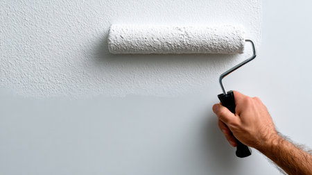 A handyman applies fresh paint to a room wall using a roller, creating a clean and modern look in a renovation project.の素材