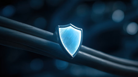 Blue shield symbol overlays network wires, illustrating the importance of secure communication in the digital age and protecting data integrityの素材
