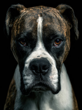 A boxer dog stars with a serious expression, showing its striking features against a cinematic dark background.の素材