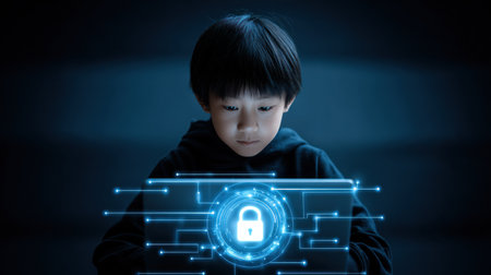Asian boy focused on laptop while interacting with digital elements that represent online safety and child internet protection.の素材