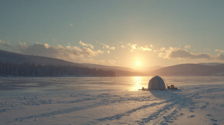 A serene sunrise illuminating a frozen lake, highlighting a fishing tent surrounded by fresh snow tracks.の素材