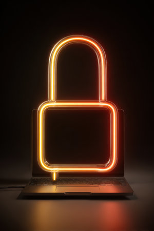 A vibrant neon padlock hologram rises from a laptop screen, illustrating the importance of online security and digital protection in todays world.の素材