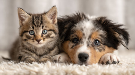 A playful kitten and a friendly puppy lie together on a fluffy rug, enjoying the soft daylight in a tranquil room.の素材