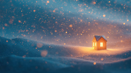 A cozy house stands brightly in a snowy scene, radiating warmth amidst falling snowflakes and a chilly atmosphere.の素材