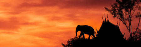 A majestic elephant stands silhouetted against a vibrant sky at sunrise, near a traditional Thai temple surrounded by nature.の素材