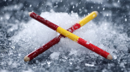 Red and yellow rods intersect on a snowy ice surface, forming a clean geometric composition perfect for winter-themed advertising needs.の素材