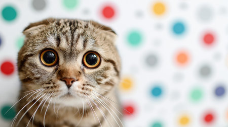 A Scottish fold cat with a round face curiously looks around, set against a clean pastel background with colorful dots, creating a playful ambiance.の素材