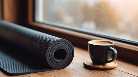 A rolled yoga mat sits next to a warm cup of coffee on a wooden surface near a window, inviting a mindful morning practice.の素材