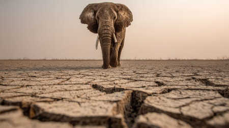 An elephant walks across parched, cracked ground, illustrating the effects of climate change on vulnerable ecosystems and wildlife.の素材
