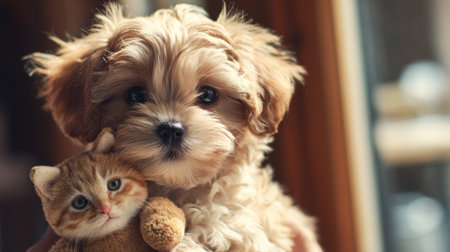 Fluffy puppy gently holds a kitten toy, basking in warm daylight, showcasing a heartwarming moment indoors.の素材