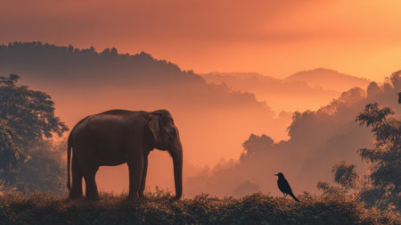 An elephant stands peacefully beside a bird, both illuminated by warm sunrise light, embodying harmony in natures beauty.の素材