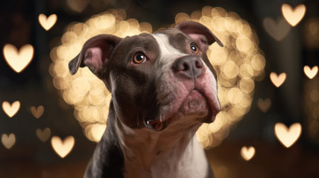 A dog gazes upward with curiosity, illuminated by soft heart-shaped lights that evoke feelings of love and happiness during evening time indoors.の素材