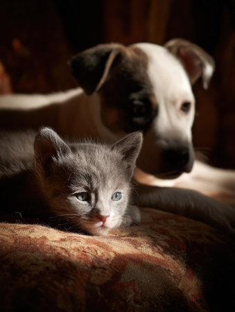 A tiny kitten snuggles next to a puppy, creating a serene and cozy atmosphere filled with soft shadows and warm light.の素材
