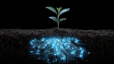 A plant emerges from dark soil, its glowing digital roots symbolize the fusion of nature and technology in modern innovation.の素材