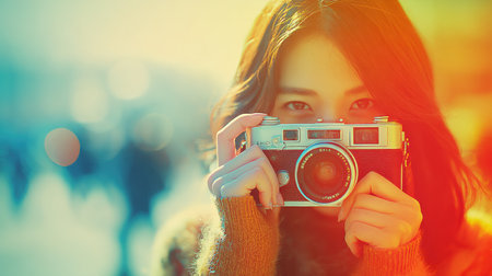Young person holding a vintage camera in a modern city. Bright colors and grainy texture highlight their passion for photography.の素材