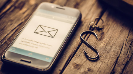 A smartphone is displayed on a wooden table with an email icon and a fishing hook, highlighting the danger of phishing scams online.の素材