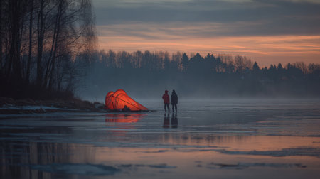 Adventurers work together under a colorful tent on a frozen lake, enjoying the quiet beauty of dawn in a serene winter landscape.の素材
