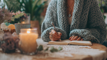 A person sits at a cozy desk, journaling thoughtfully during a peaceful evening filled with warm candlelight and plants surrounding the space.の素材