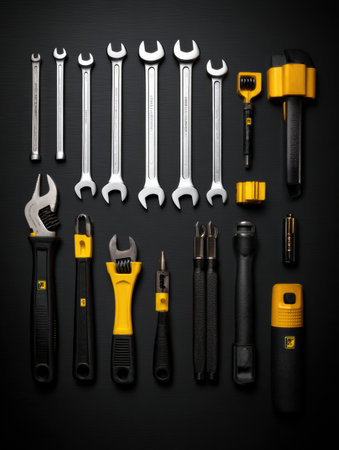 Car service tools are organized and laid out on a black matte surface, providing easy access to essential tools for vehicle maintenance and repairs.の素材