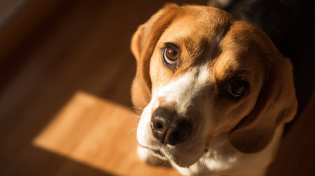 Beagle sits with a sad expression in a warm household light, evoking feelings of guilt and innocence in a cozy atmosphere.の素材