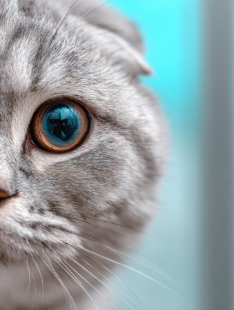 A Scottish fold cat gazes curiously with its round face and striking blue eye in a soft pastel setting, capturing a playful moment.の素材