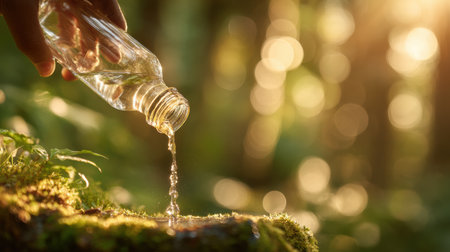 A person pours water from a glass bottle onto the ground in a vibrant forest setting at sunset, promoting eco-friendly practices.の素材