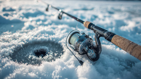 Fishing rod rests near an ice hole, surrounded by sparkling snow crystals on a chilly morning, showcasing winter fishing essentials.の素材