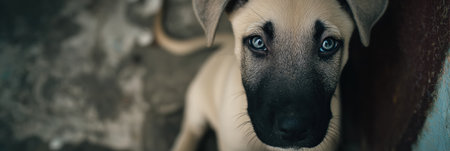 A small puppy with big, expressive eyes stars directly at the camera, evoking strong emotions against a blurred background.の素材
