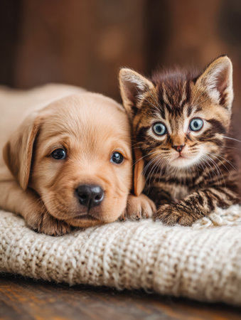 A tiny kitten snuggles beside a puppy, both resting peacefully in a warm, inviting atmosphere filled with soft shadows.の素材