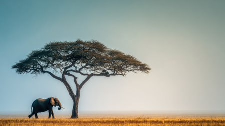 An elephant grazes peacefully under a large acacia tree in the savanna, surrounded by a vast and serene natural landscape at dusk.の素材