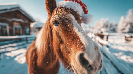 A cheerful brown horse dons a Santa hat, surrounded by a picturesque snowy farm scene that radiates holiday joy during winter.の素材