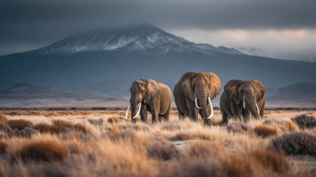 Three elephants walk gracefully across a grassy landscape with mountains in the backdrop during a calm evening scene.の素材