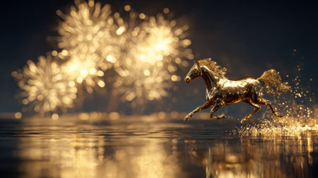 A golden horse runs swiftly over a shiny surface with colorful fireworks bursting in the background at night.の素材