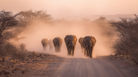 A herd of elephants strolls across a dusty road in a warm light, showing the beauty of nature during a tranquil safari experience.の素材