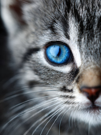 Close focus on a kittens eye reveals stunning blue color and fine textures against a softly blurred background, showing its curiosity.の素材