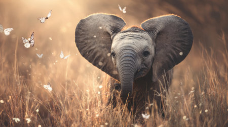 A playful baby elephant enjoys the warm sunlight, frolicking in tall grass as butterflies flutter nearby in a serene setting.の素材