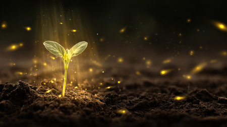 Bright green plant symbolizes economic growth, surrounded by shining golden light particles in a dark, enchanting setting.の素材