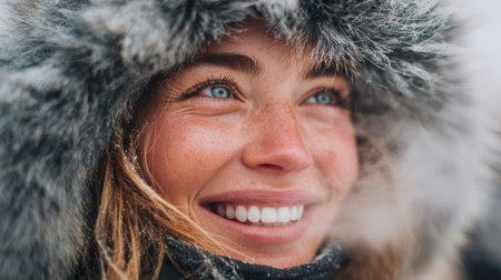 A close-up shows a joyful expression with frosty breath in chilly winter air, highlighting happiness and warmth in a cold environment.の素材