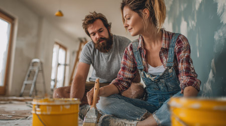 A couple lovingly decorates their new home, sharing creative ideas and teamwork while painting the living room walls.の素材