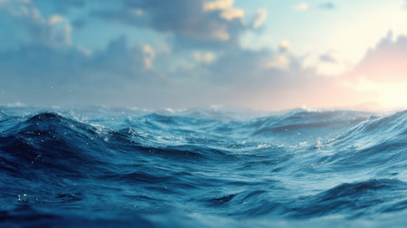 Gentle ocean waves roll softly towards the shore as the sun sets, casting a warm glow over the tranquil sea and sky.の素材