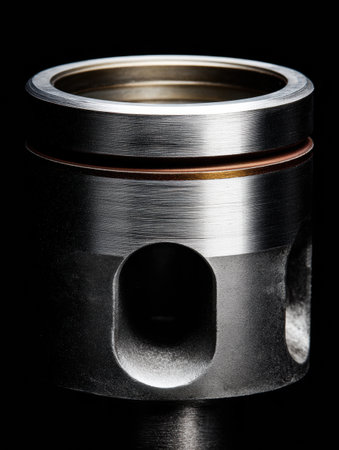 Close-up of a metallic engine piston showing its design and precision engineering against a dark background.の素材