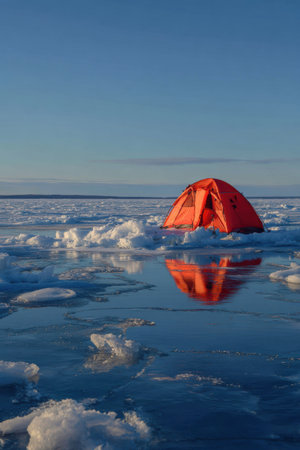 An orange ice fishing tent on a frozen lake reflects the blue sky, creating a serene winter scene.の素材