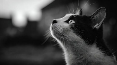 A black and white cat looks up curiously with a gentle bokeh background, capturing the tranquility of dusk in an artistic composition.の素材