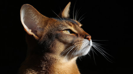 Sunlight highlights the golden fur of an Abyssinian cat, capturing its graceful side profile in a warm and peaceful moment.の素材