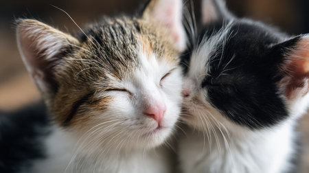 Soft fur and gentle whiskers highlight the tender moment as two kittens snuggle together, expressing love and comfort in their warm embrace.の素材